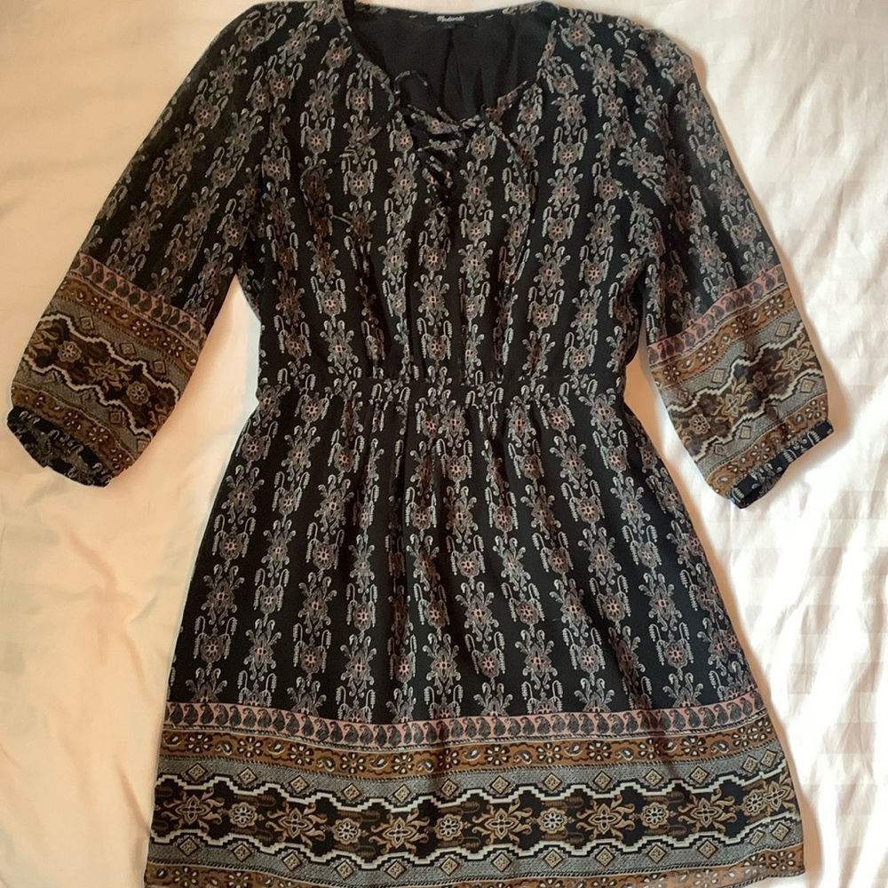 COPY - Madewell black sheer patterned lace up neck lined blouson mini/tunic dre…